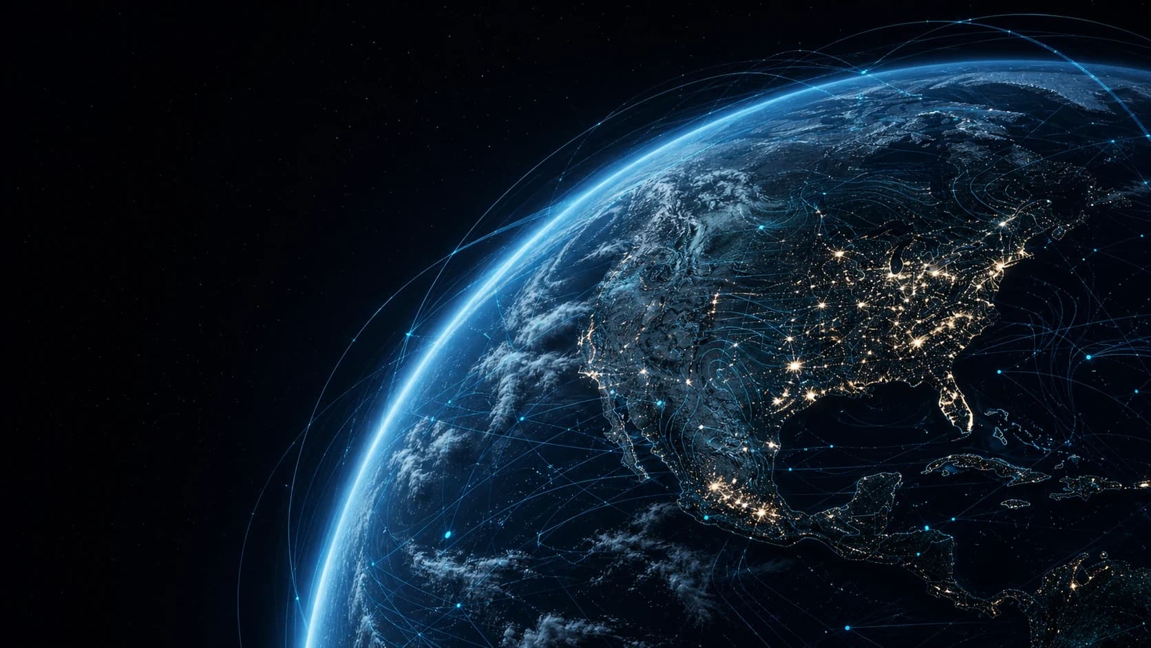 Earth illuminated by geospatial intelligence networks and orbital data