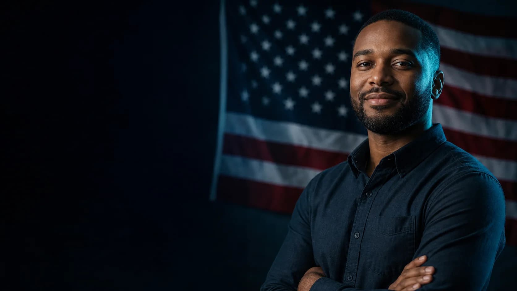 A smiling military veteran standing in front of an American flag