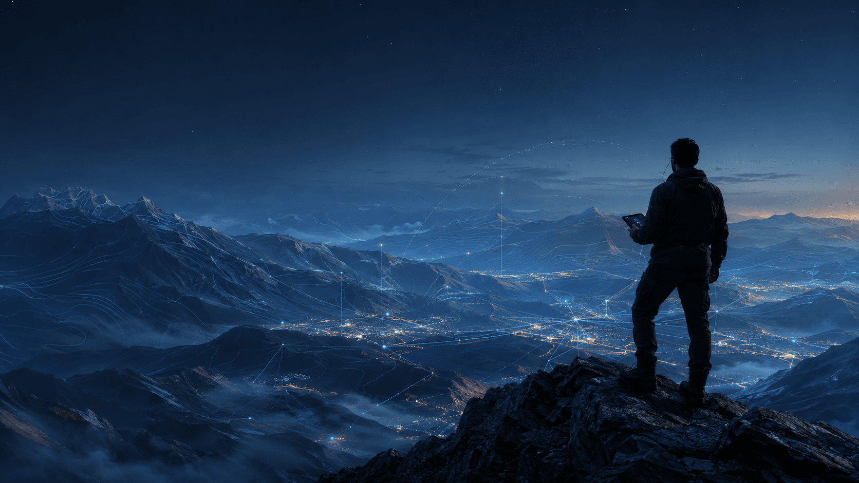 An intelligence professional overlooking a mapped mountain landscape